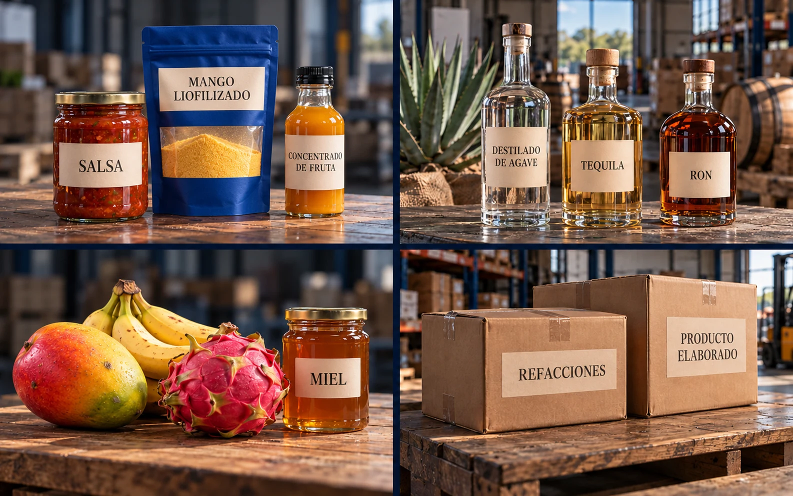 Salsas, mango liofilizado, concentrado de fruta, bebidas espirituosas, frutas frescas, miel y cajas de productos elaborados