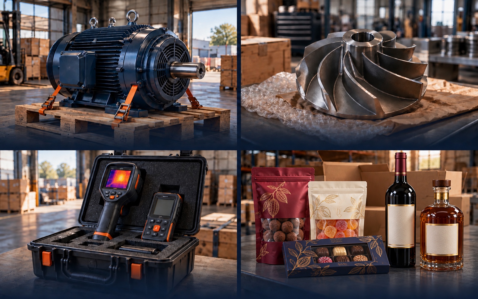 Maquinaria industrial, refacciones, equipo profesional y alimentos y bebidas como dulces, vino y whisky
