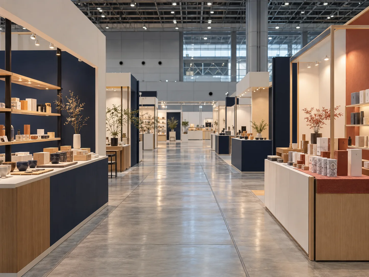 Pasillo vacío de una feria comercial en Japón con productos en exhibición