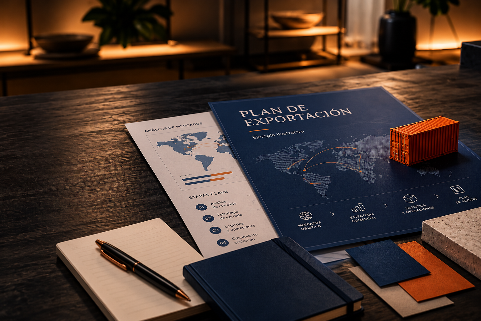 Imagen ilustrativa generada con IA: documentos de un Plan de Exportación ficticio sobre una mesa.